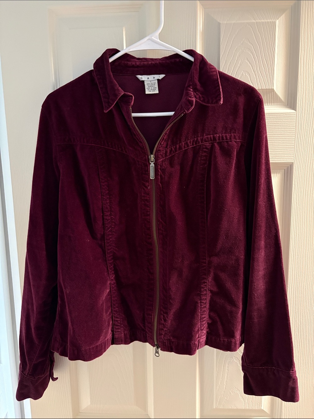 CAbi Women's Velvet Zip Jacket in Burgundy